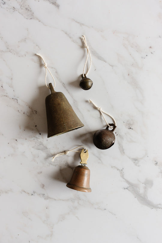 set of 4 antique french sheepdog, cow, and sheep bells