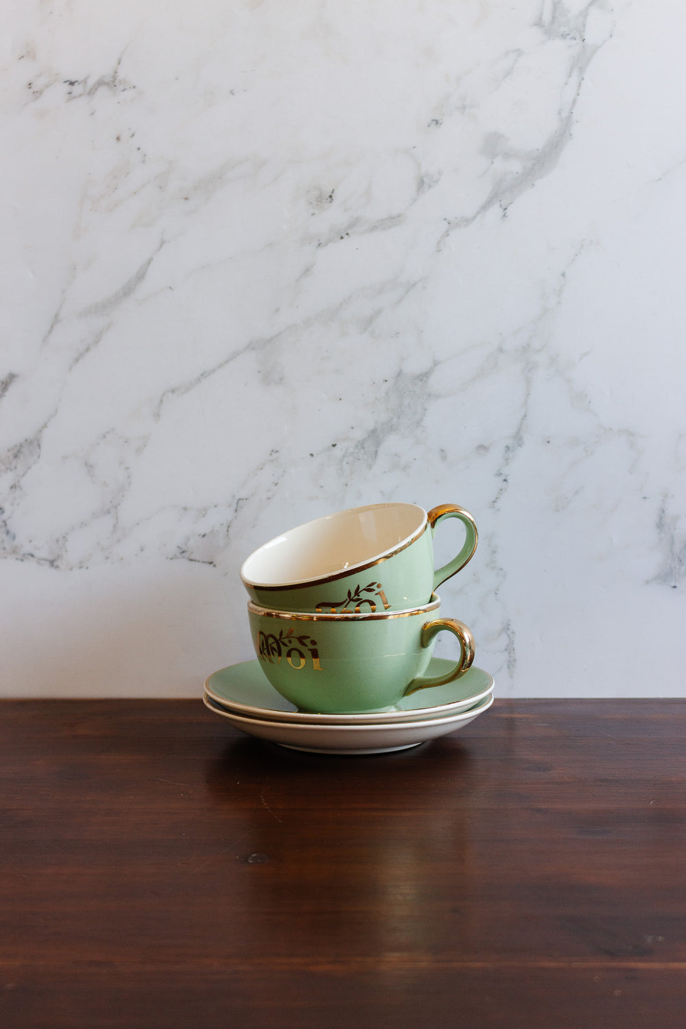 vintage french villeroy & boch seafoam green "moi et toi" pair of teacups and saucers