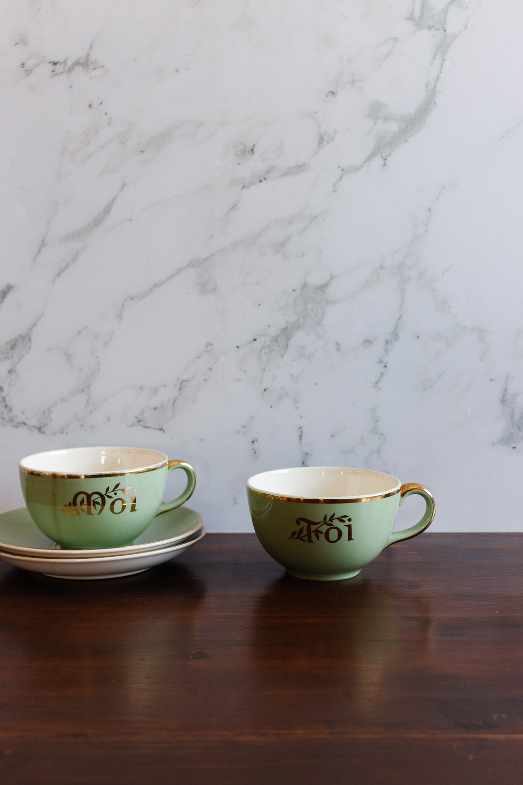 vintage french villeroy & boch seafoam green "moi et toi" pair of teacups and saucers