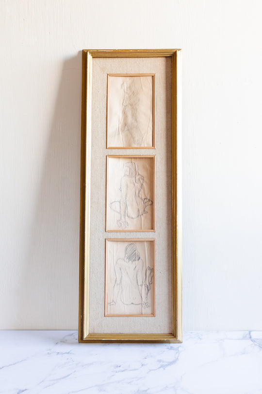 rare 1940s French framed nude studies triptych