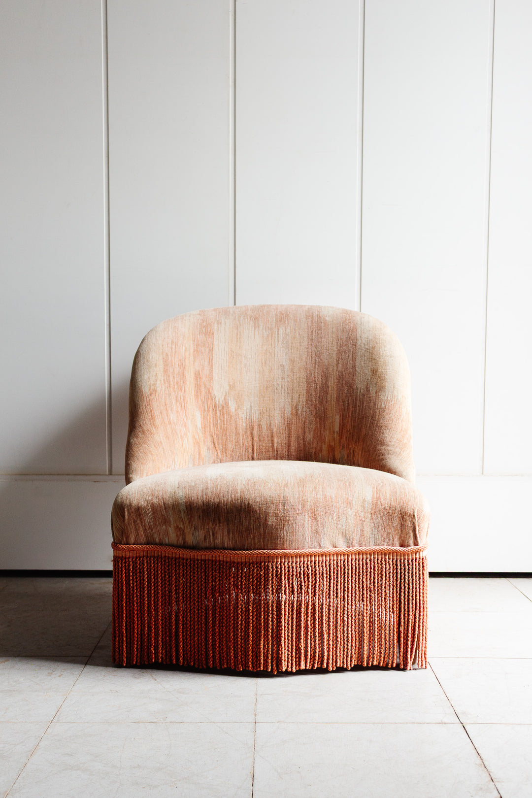 pair of vintage french pink crapaud chairs with fringe