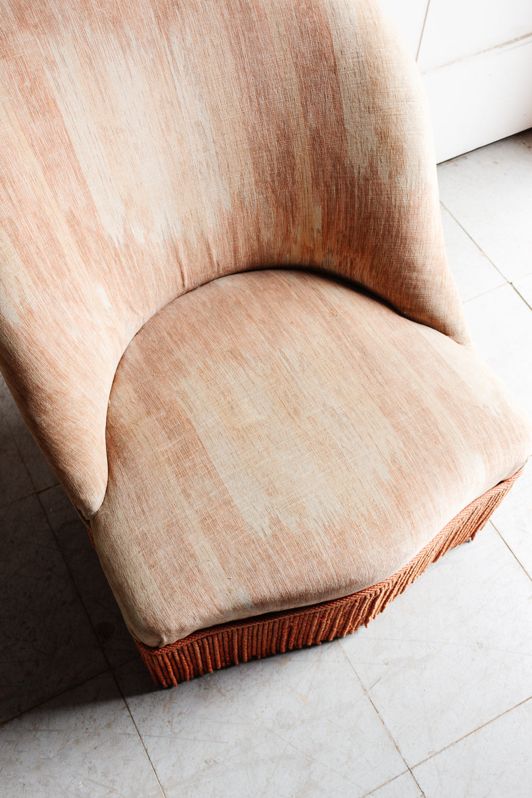 pair of vintage french pink crapaud chairs with fringe