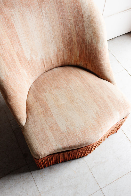 pair of vintage french pink crapaud chairs with fringe