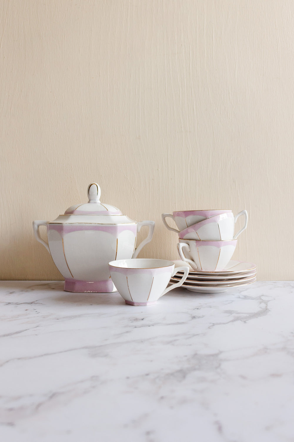 1930s French art deco digoin sarreguemines teacup set with sugar bowl