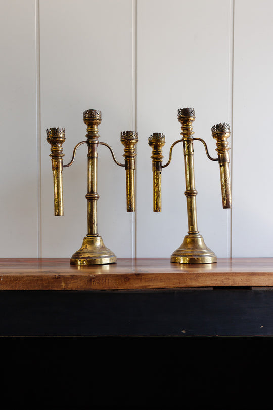 19th century brass gothic altar candelabras