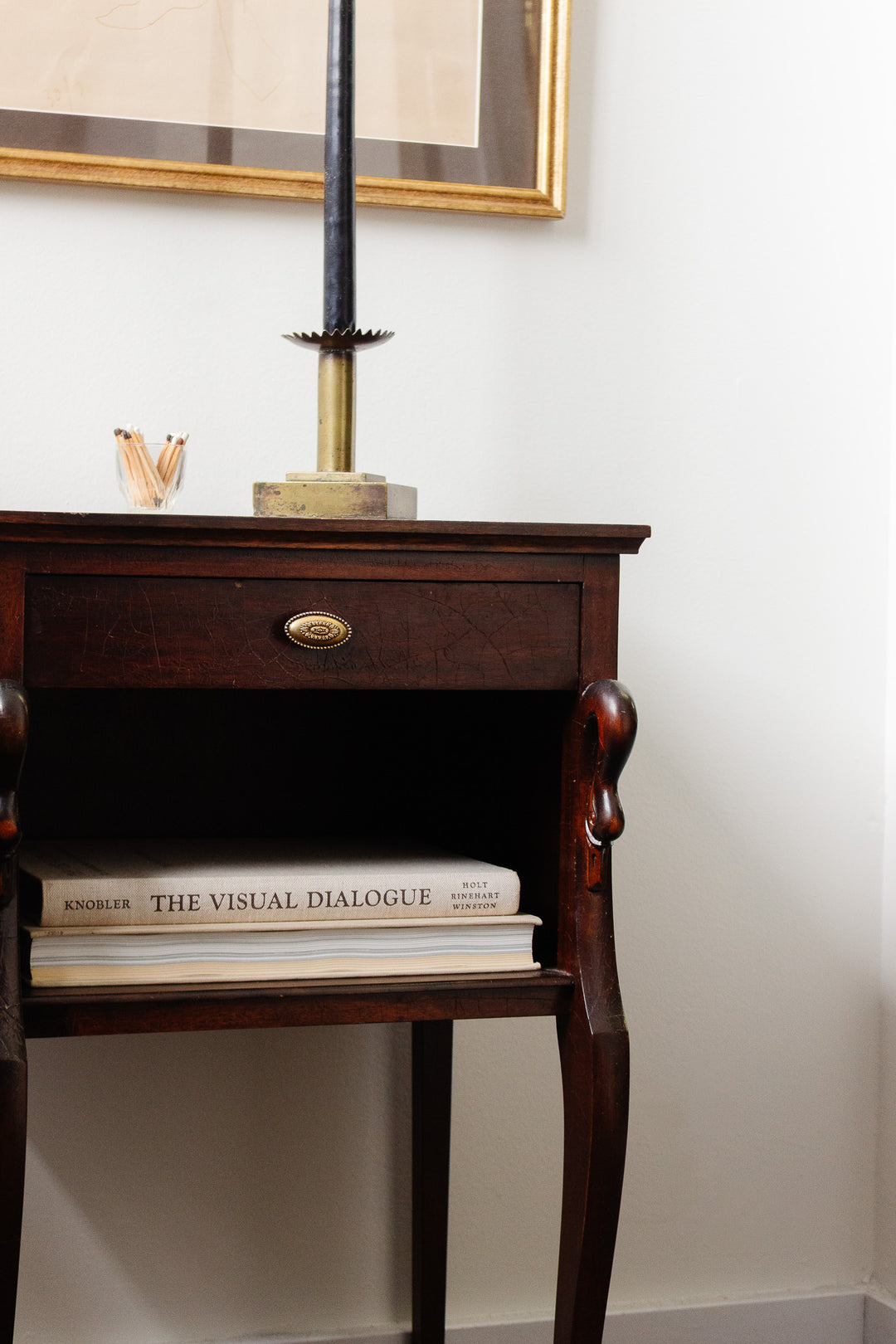antique french wood bedside table with original hardware