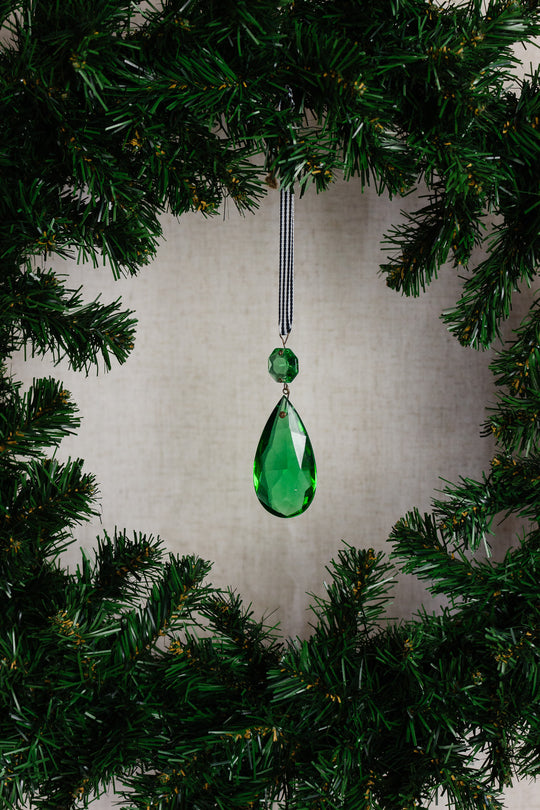 antique french hand cut crystal coloured tear drop pendant, emerald