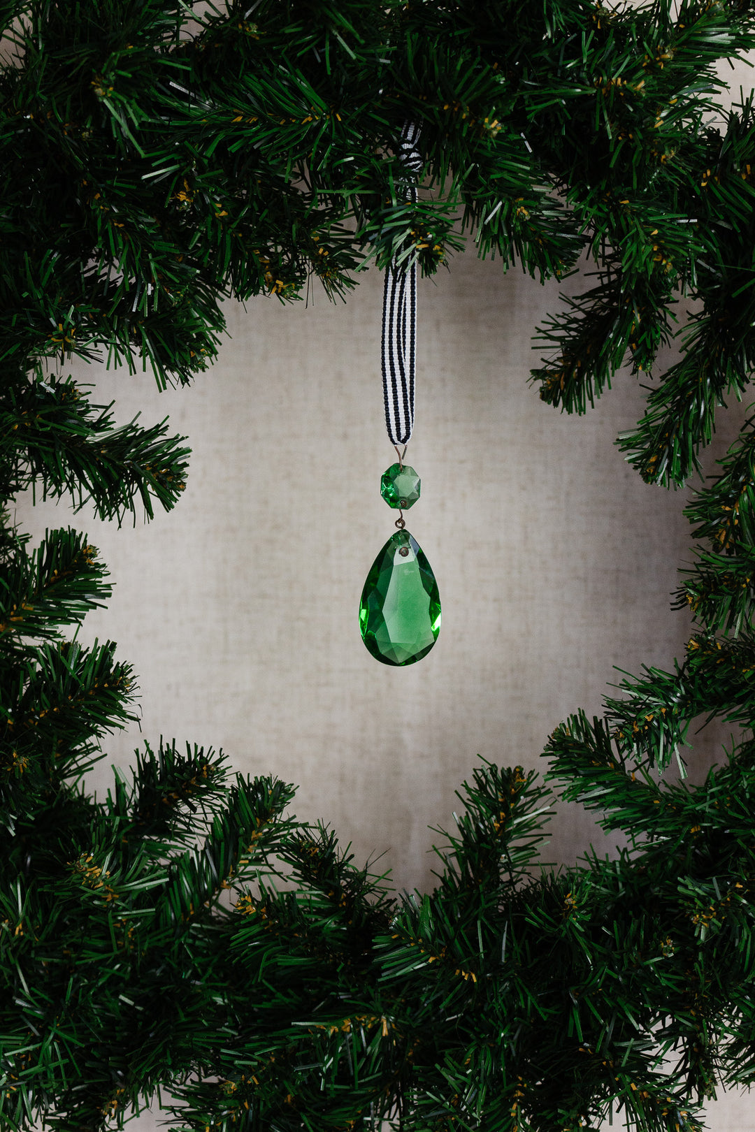 antique french hand cut crystal coloured tear drop pendant, emerald