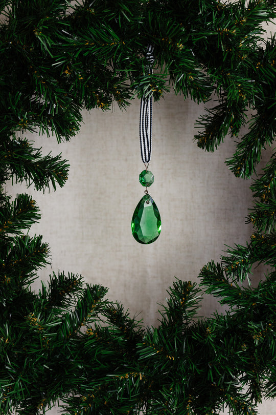 antique french hand cut crystal coloured tear drop pendant, emerald