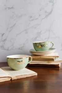 vintage french villeroy & boch seafoam green "moi et toi" pair of teacups and saucers