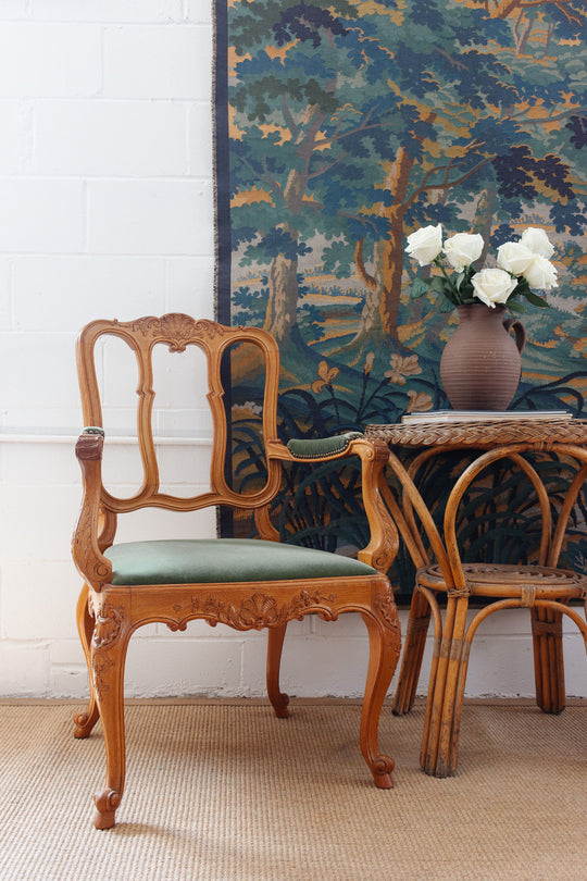 pair of 1950s Belgian Liégeoise rococo style carved oak armchairs