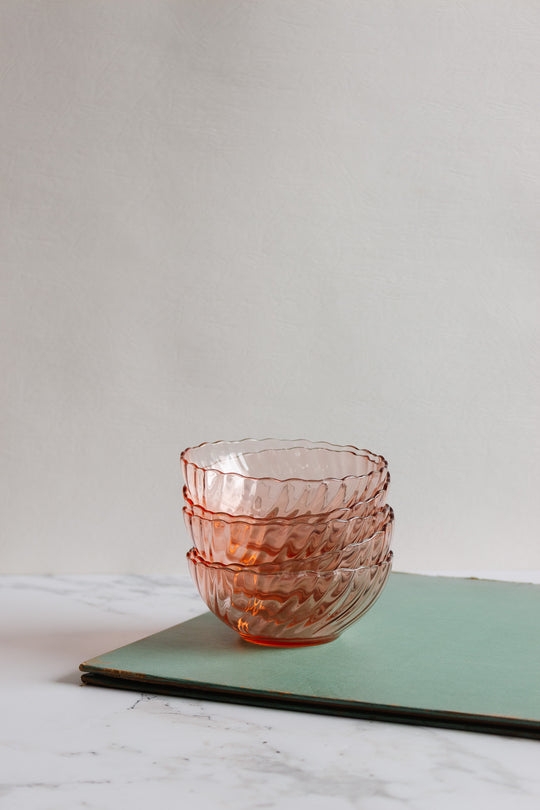 french rosaline pink glass bowls, set of 5