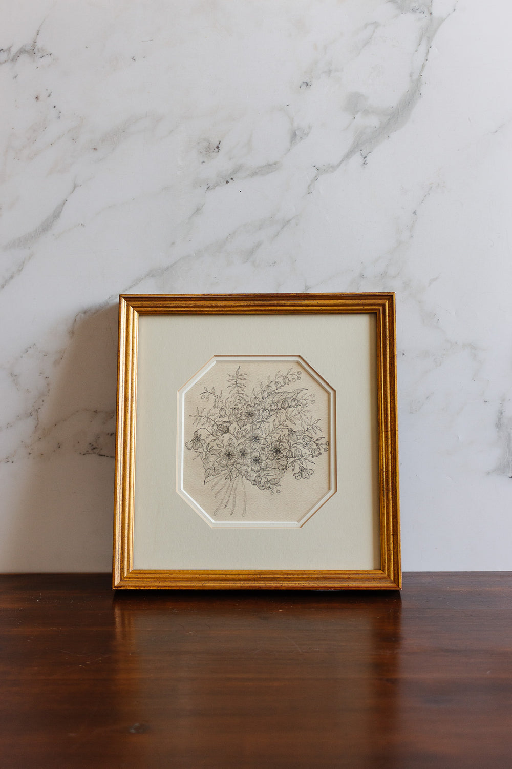 1948 hand drawn floral charcoal on paper in gilt frame