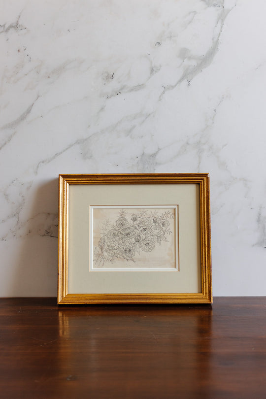1948 hand drawn floral charcoal on paper in gilt frame
