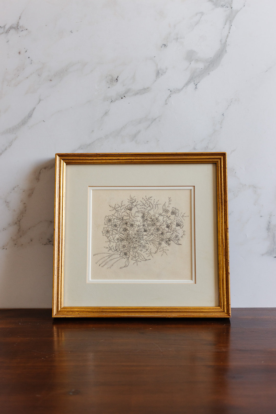 1948 hand drawn floral charcoal on paper in gilt frame