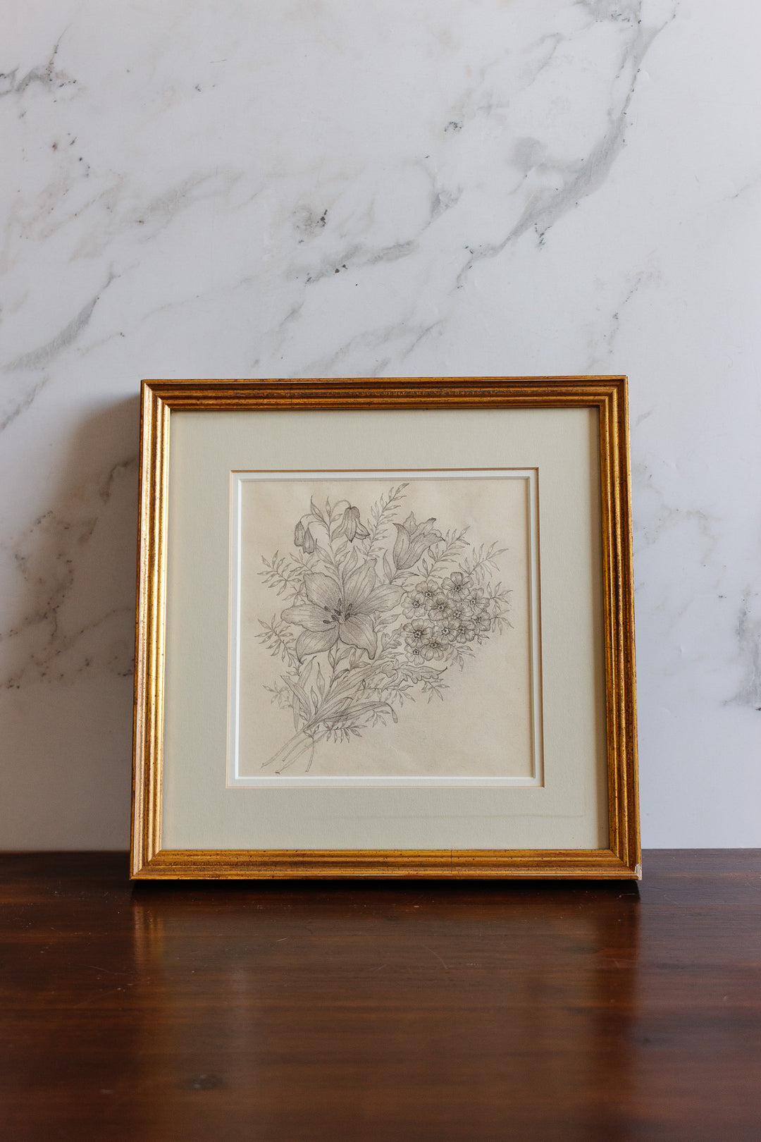 1948 hand drawn floral charcoal on paper in gilt frame