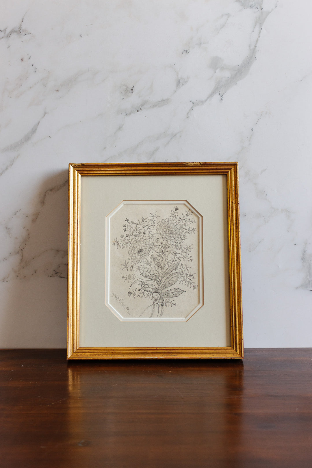 1948 hand drawn floral charcoal on paper in gilt frame
