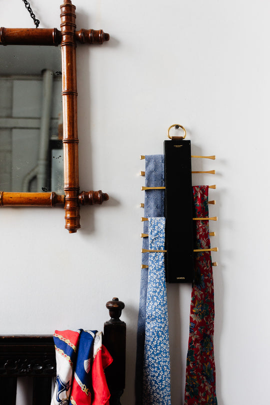 midcentury french brass and leather Longchamp tie rack by Jacques Adnet