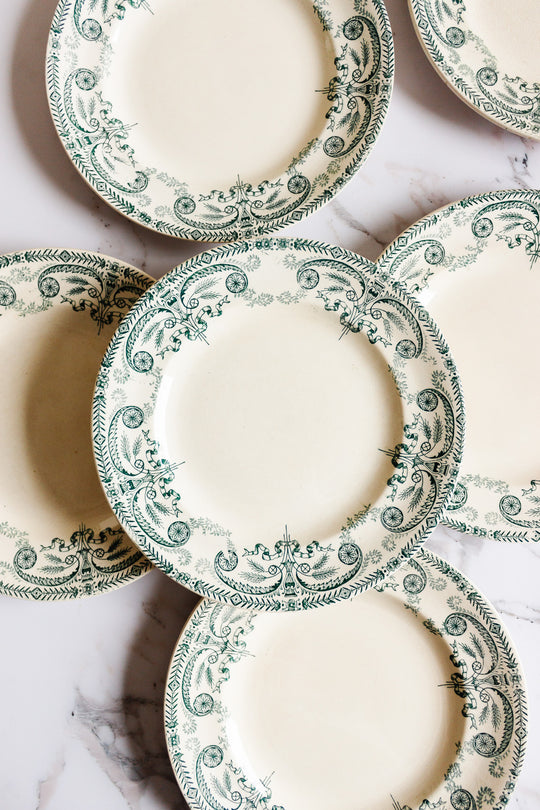 antique French Longwy transferware dinner plates, set of four