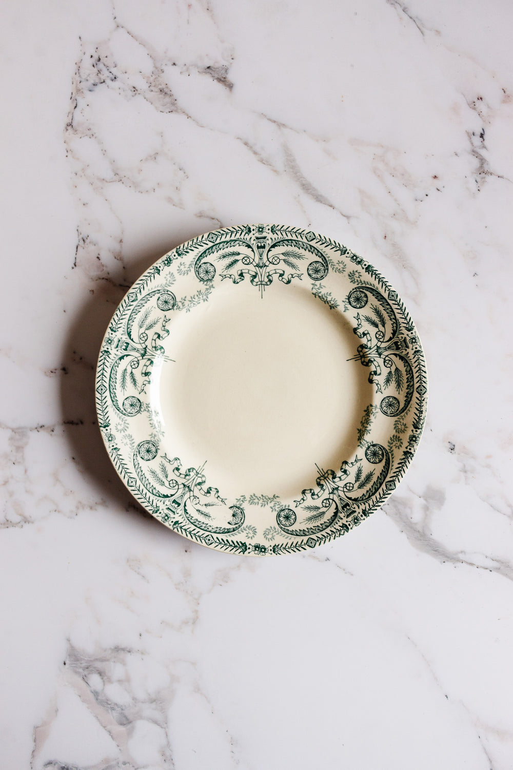 antique French Longwy transferware dinner plates, set of four