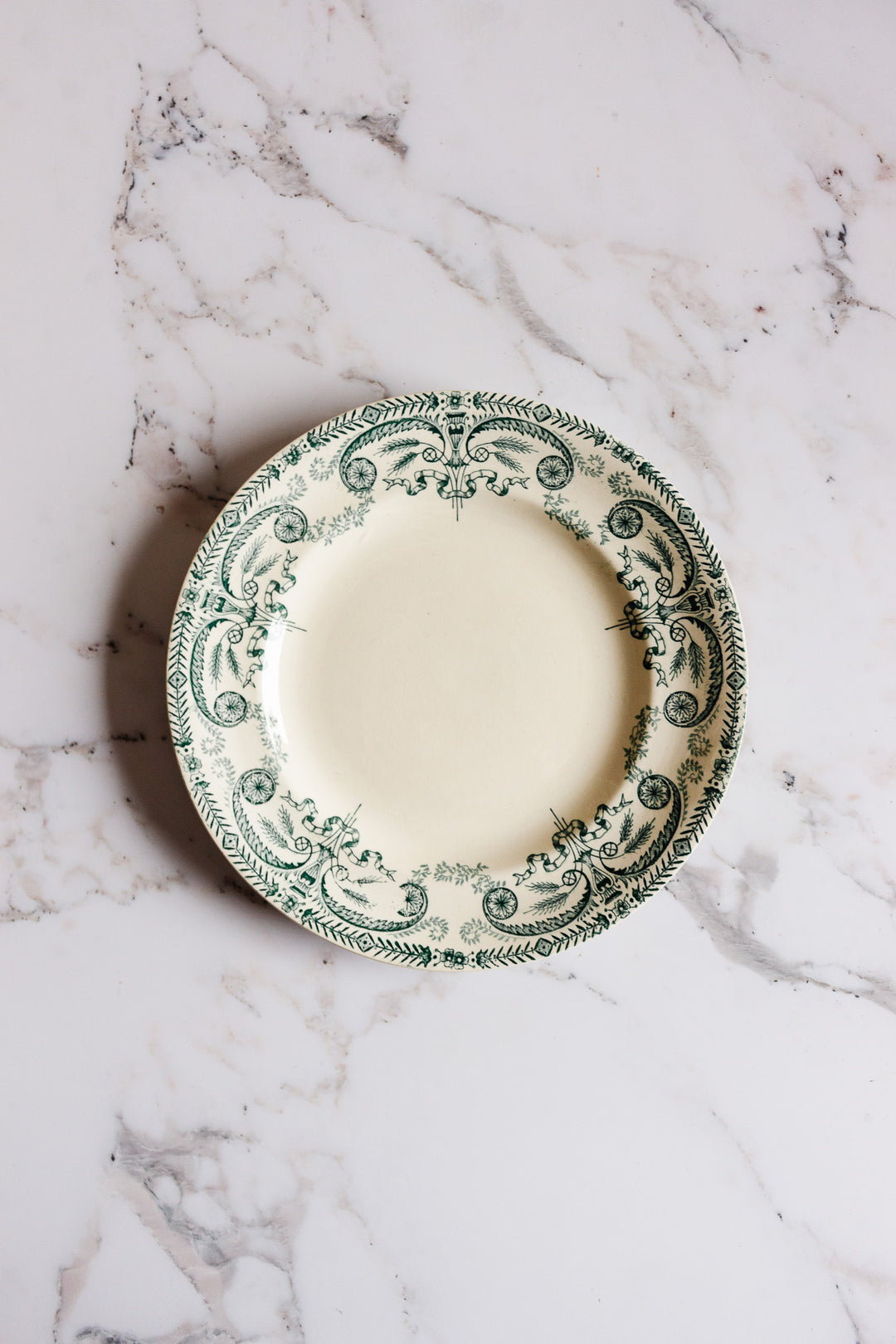 antique French Longwy transferware dinner plates, set of four