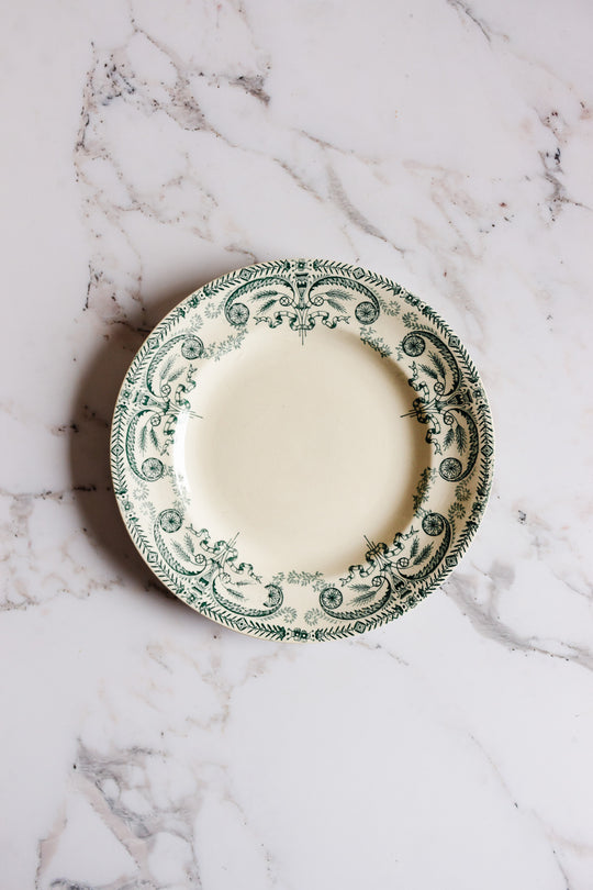 antique French Longwy transferware dinner plates, set of four