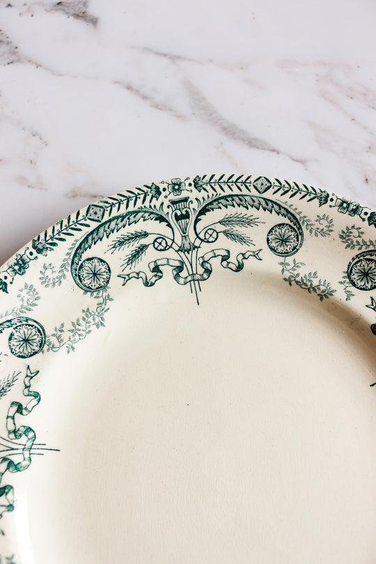 antique French Longwy transferware dinner plates, set of four