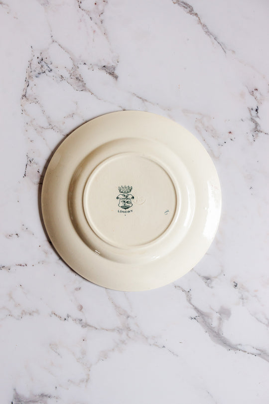 antique French Longwy transferware dinner plates, set of four