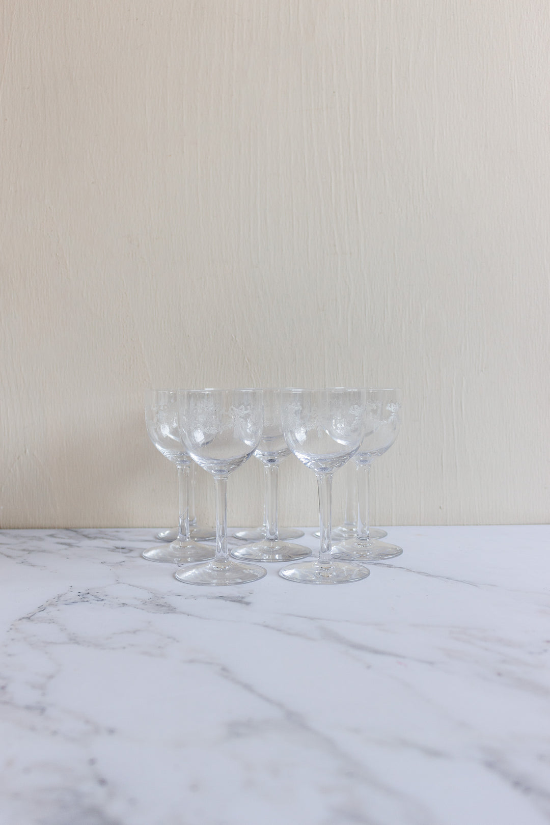 turn of the century French engraved crystal glasses, set of 8
