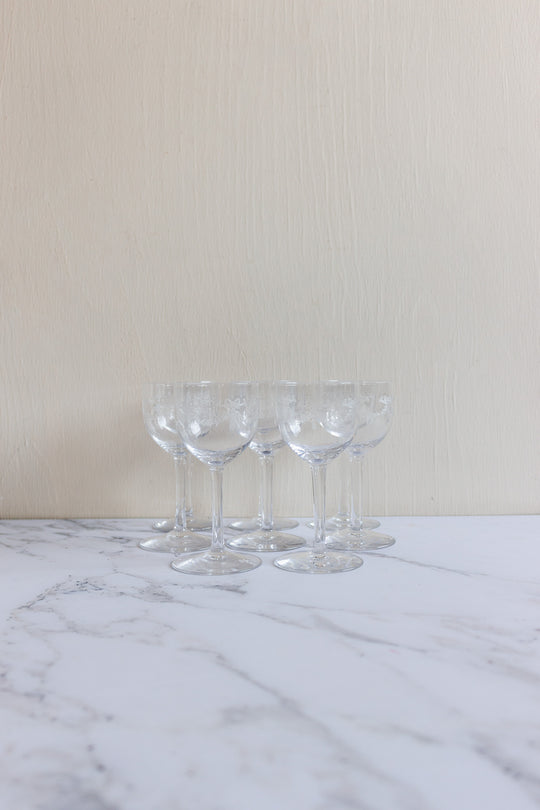 turn of the century French engraved crystal glasses, set of 8