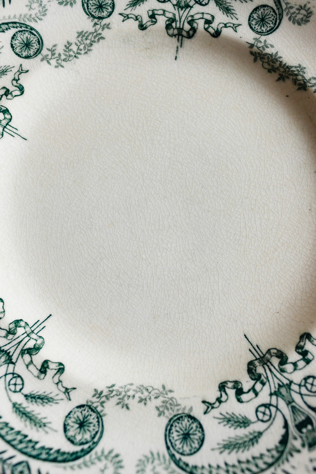 antique French Longwy transferware dinner plates, set of four