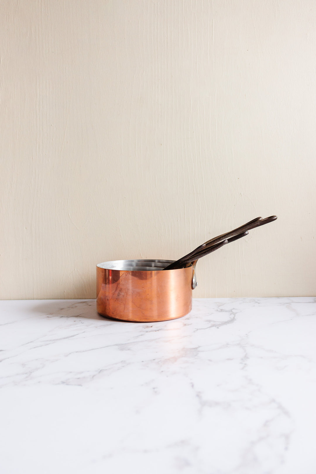 vintage French copper pots, graduated set of 5