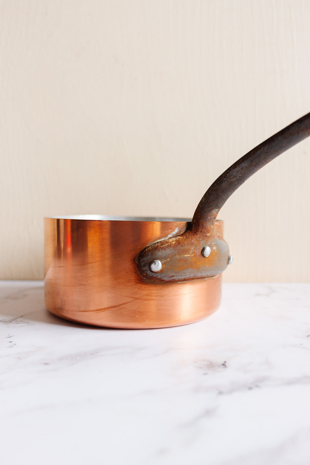 vintage French copper pots, graduated set of 5