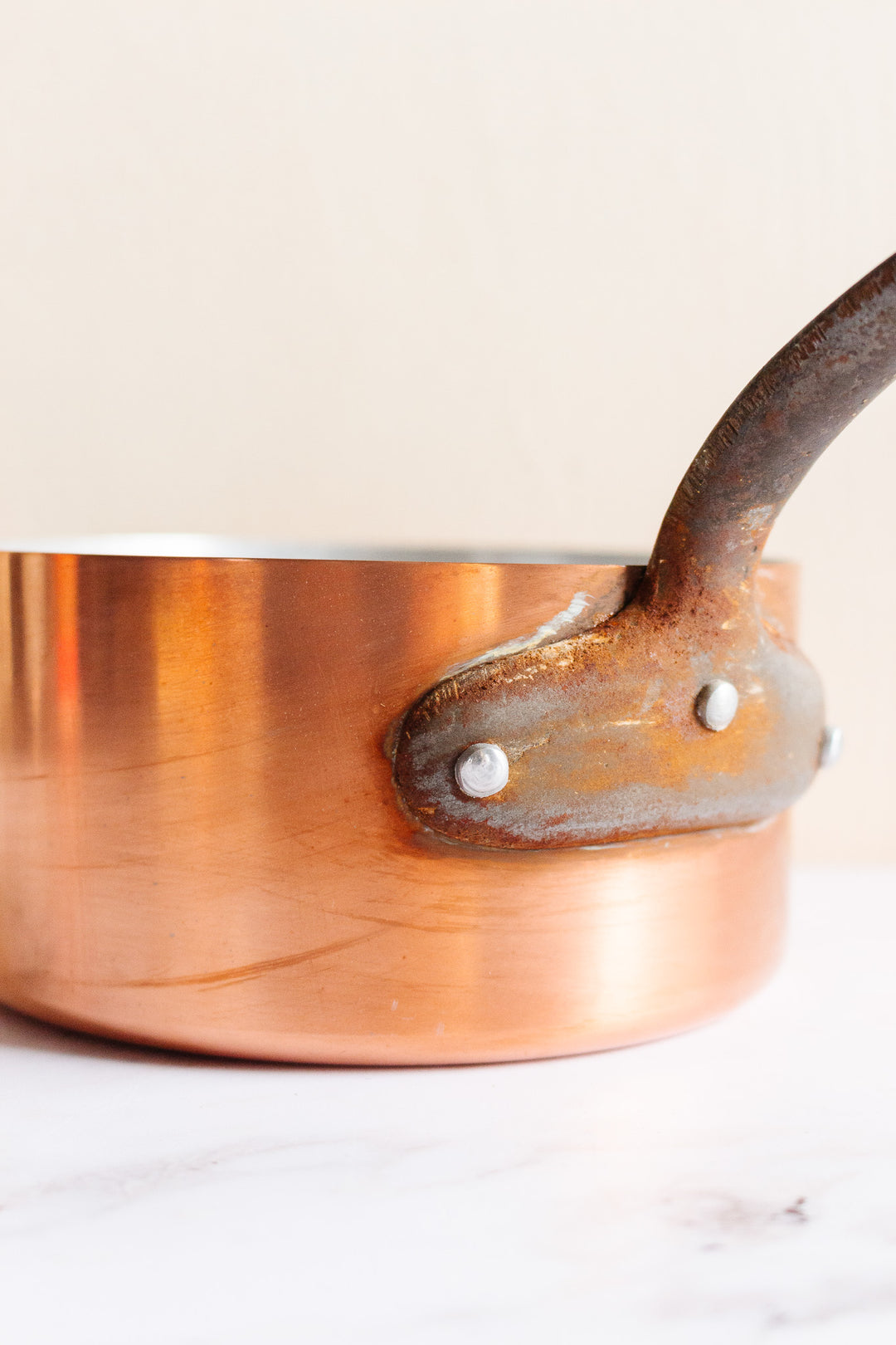 vintage French copper pots, graduated set of 5