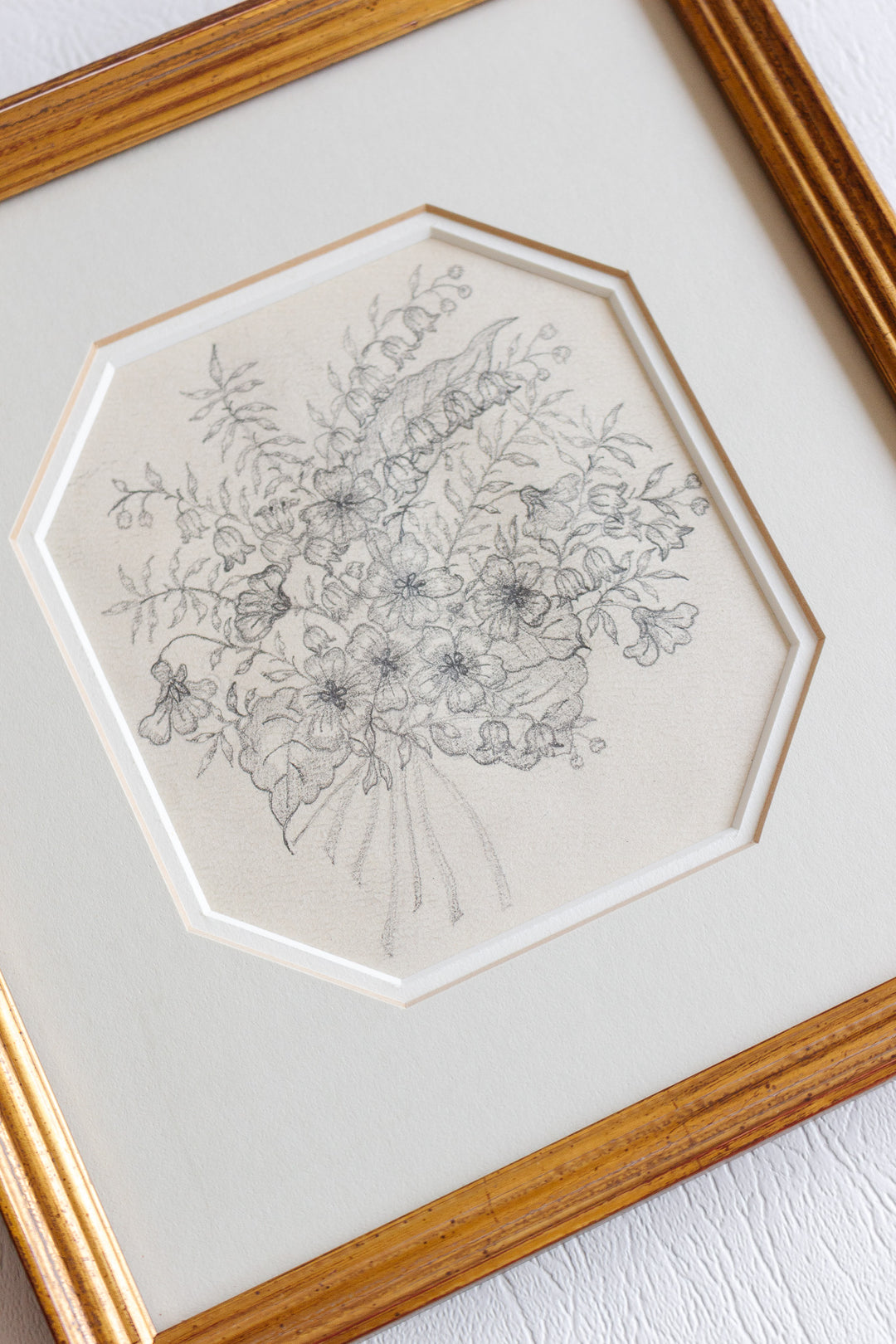 1948 hand drawn floral charcoal on paper in gilt frame