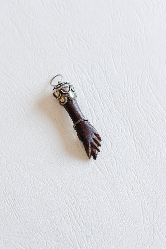 antique figa silver and wood amulet pendant