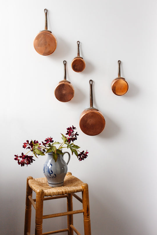 vintage French copper pots, graduated set of 5