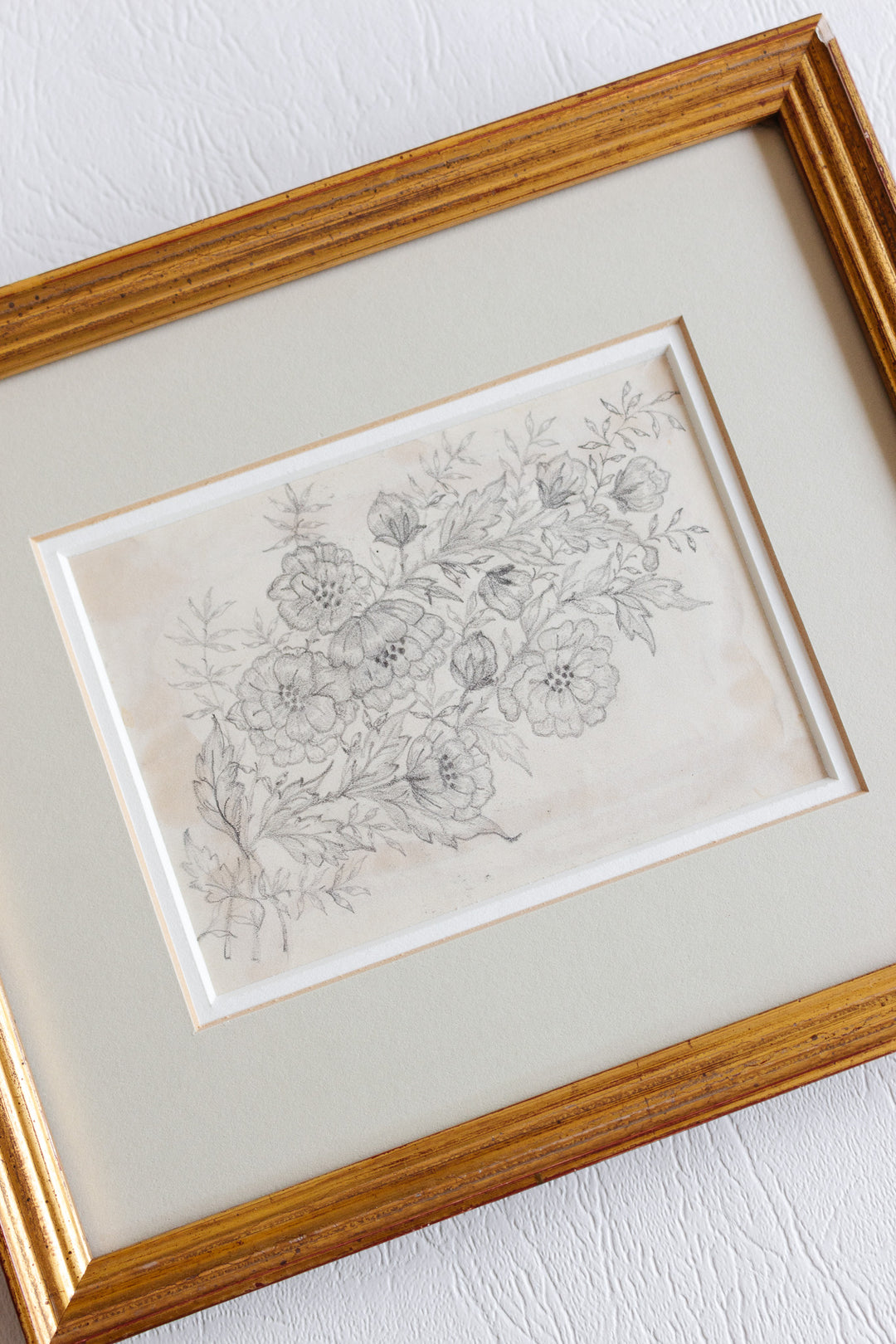 1948 hand drawn floral charcoal on paper in gilt frame