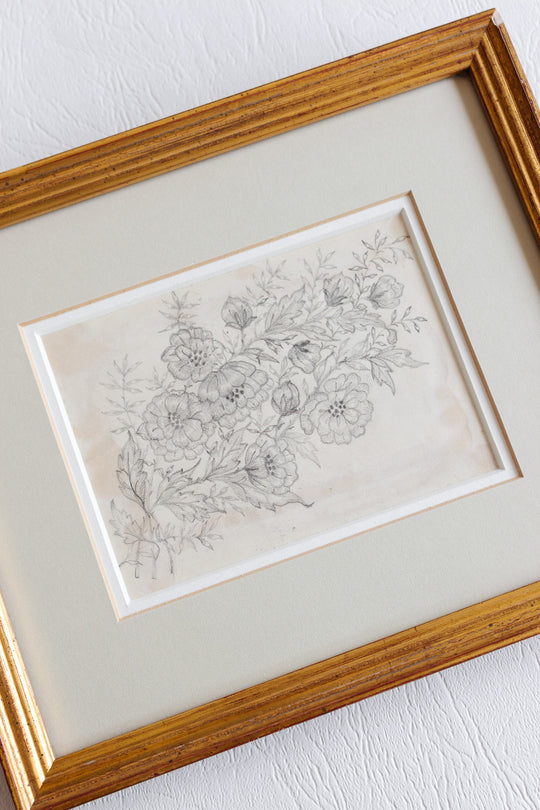 1948 hand drawn floral charcoal on paper in gilt frame