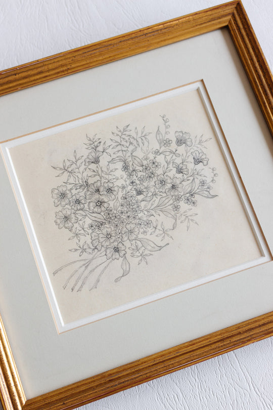 1948 hand drawn floral charcoal on paper in gilt frame