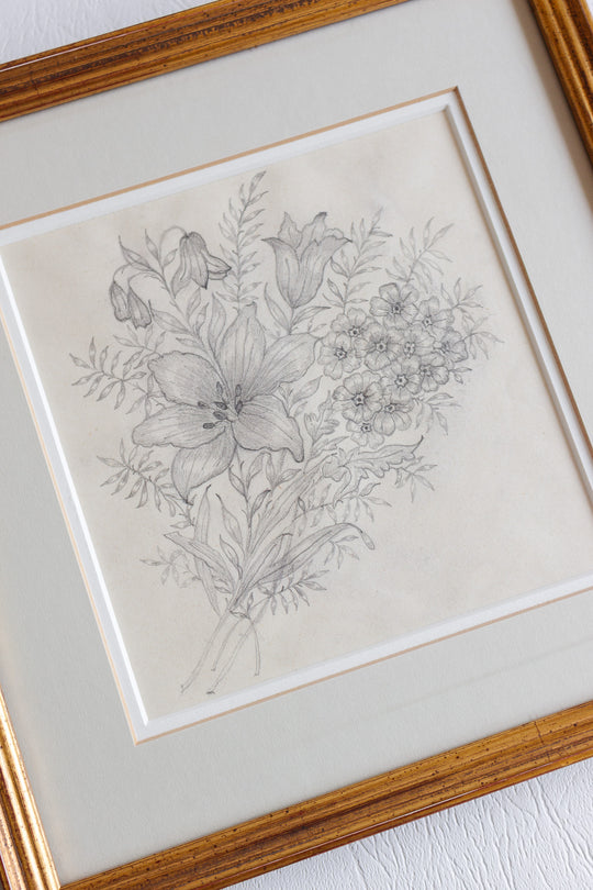 1948 hand drawn floral charcoal on paper in gilt frame