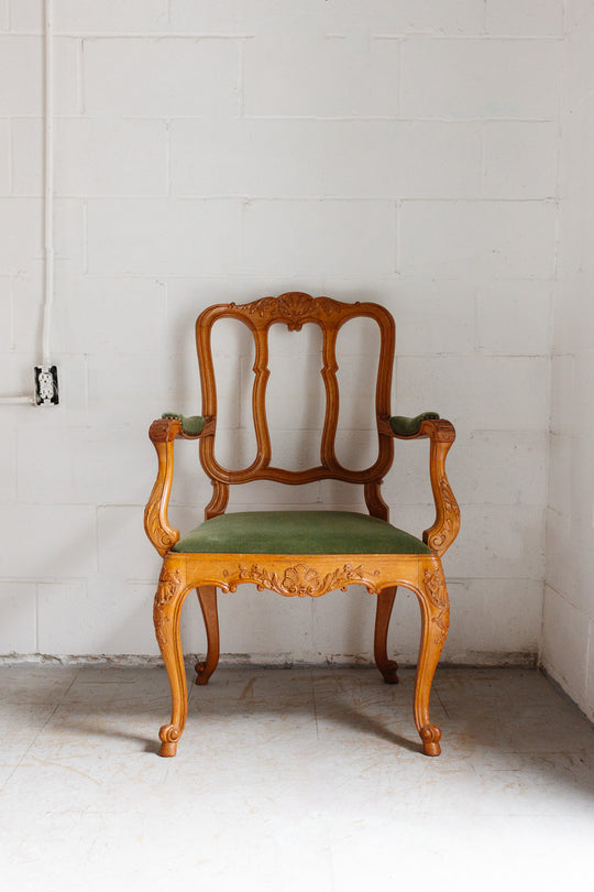 pair of 1950s Belgian Liégeoise rococo style carved oak armchairs