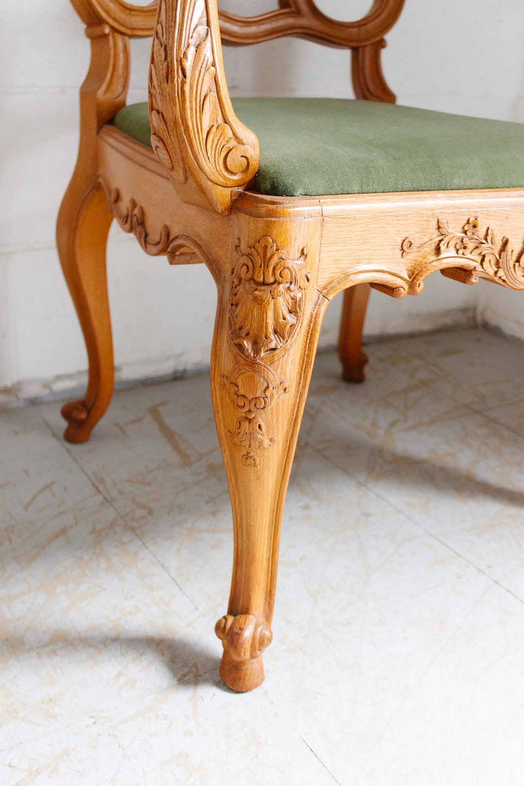 pair of 1950s Belgian Liégeoise rococo style carved oak armchairs