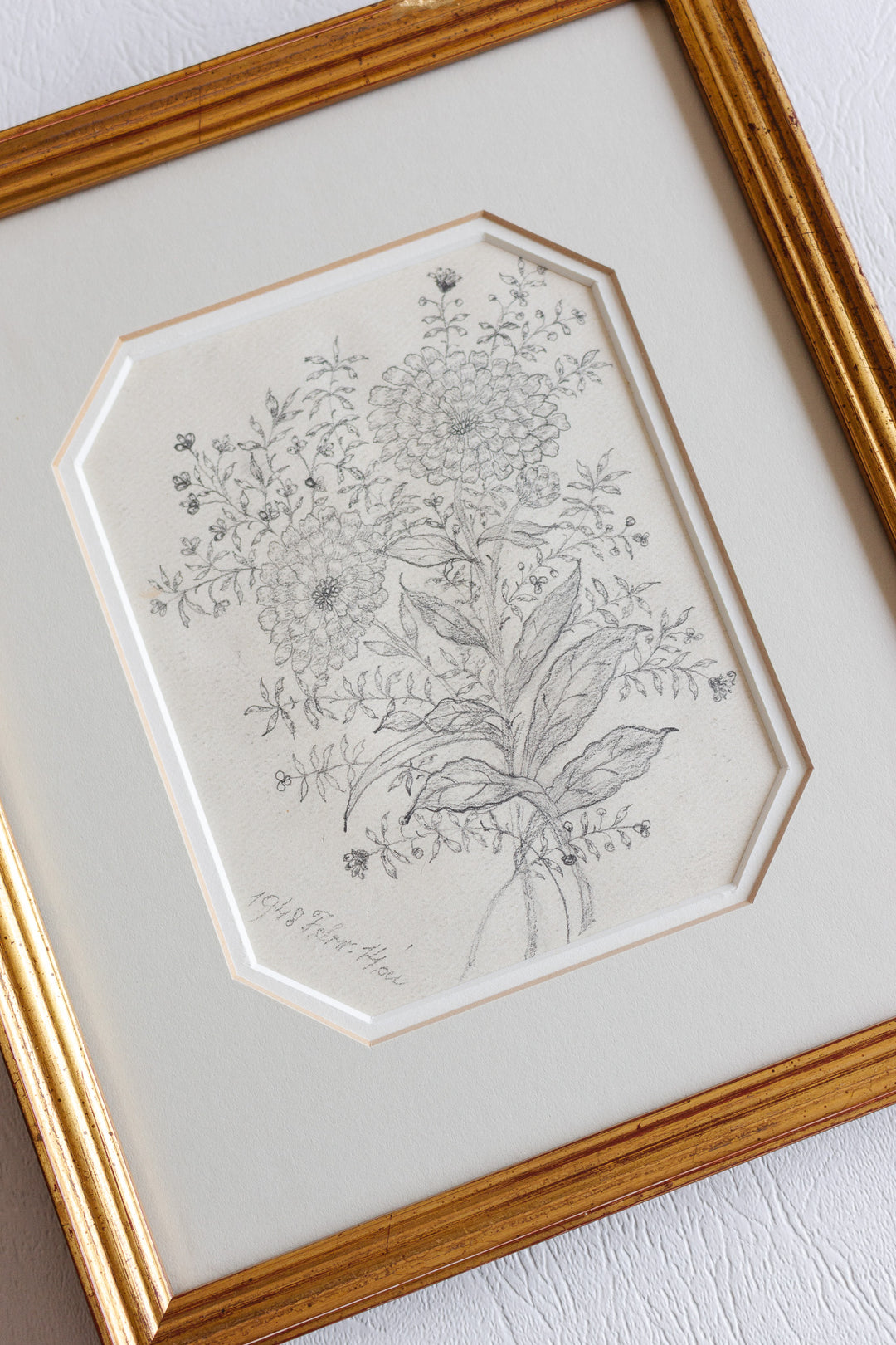 1948 hand drawn floral charcoal on paper in gilt frame