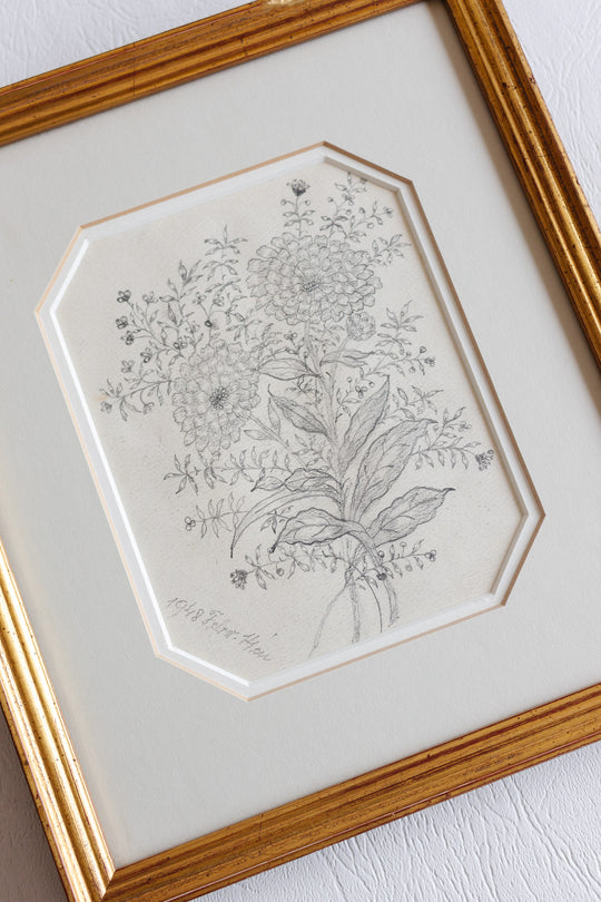1948 hand drawn floral charcoal on paper in gilt frame