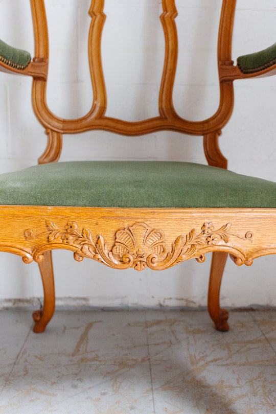 pair of 1950s Belgian Liégeoise rococo style carved oak armchairs