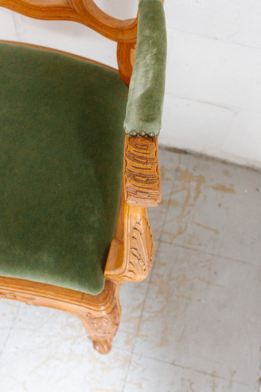 pair of 1950s Belgian Liégeoise rococo style carved oak armchairs