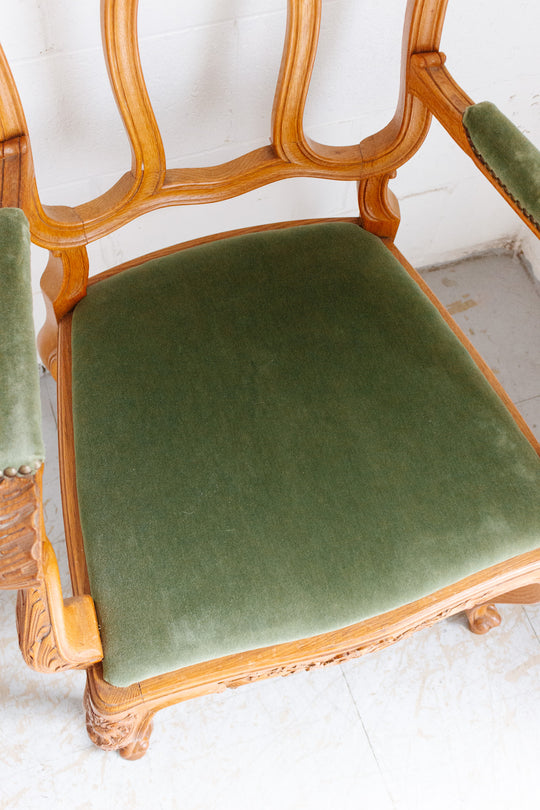 pair of 1950s Belgian Liégeoise rococo style carved oak armchairs