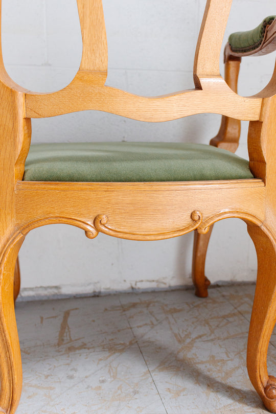 pair of 1950s Belgian Liégeoise rococo style carved oak armchairs