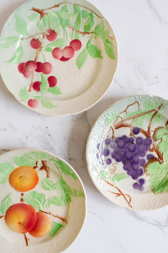 turn of the century french st. clement majolica fruit plates, set of 3